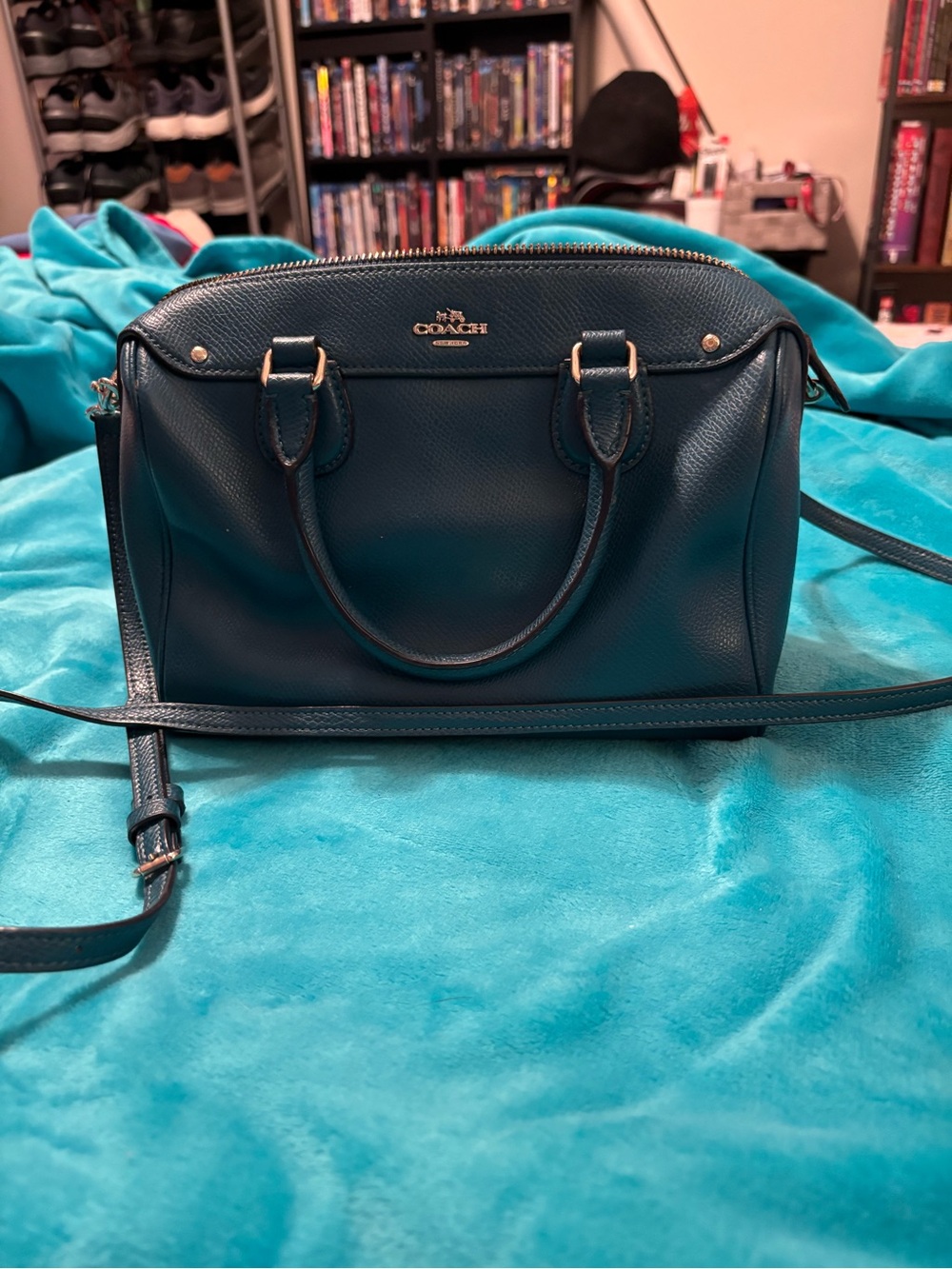COACH Teal Pebbled Leather Dome Satchel with Detachable Strap
